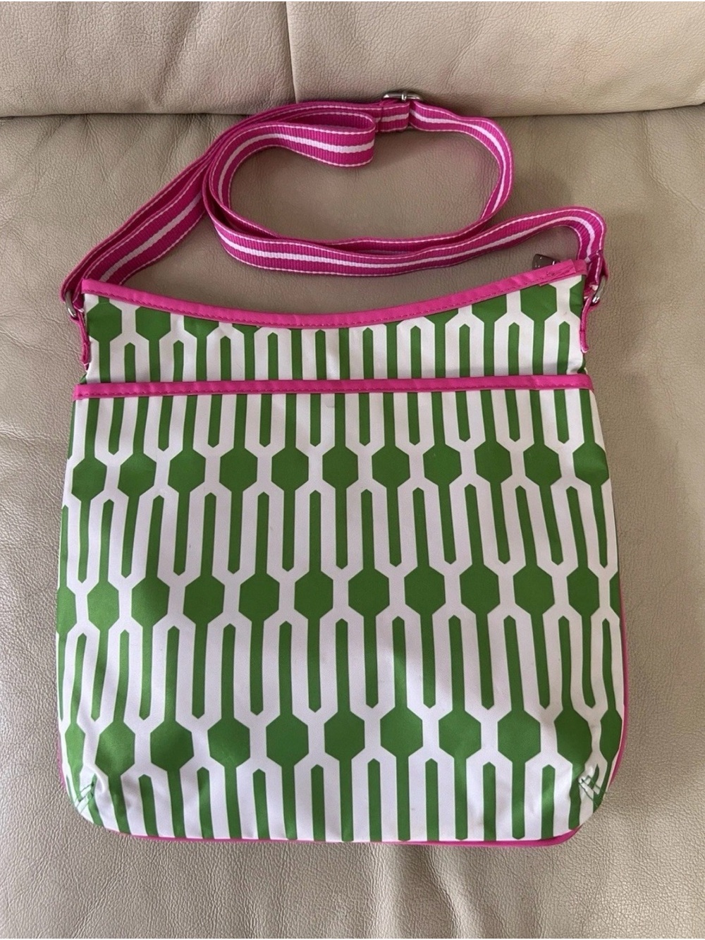 Green and White Geometric Crossbody Bag with Pink Trim